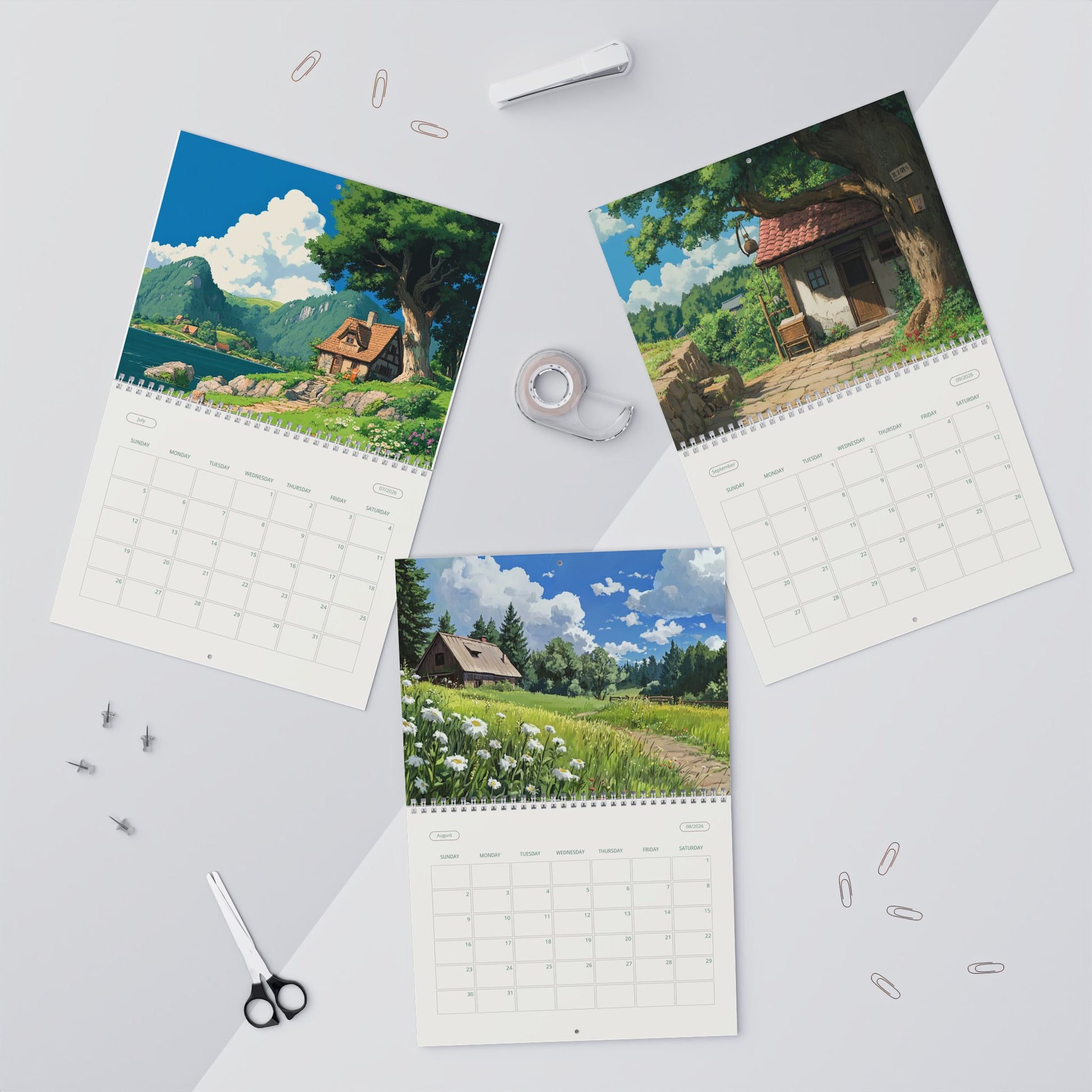 Anime 2026 wall calendar with Studio Ghibli inspired landscape scenes, hanging and flat display mockups.