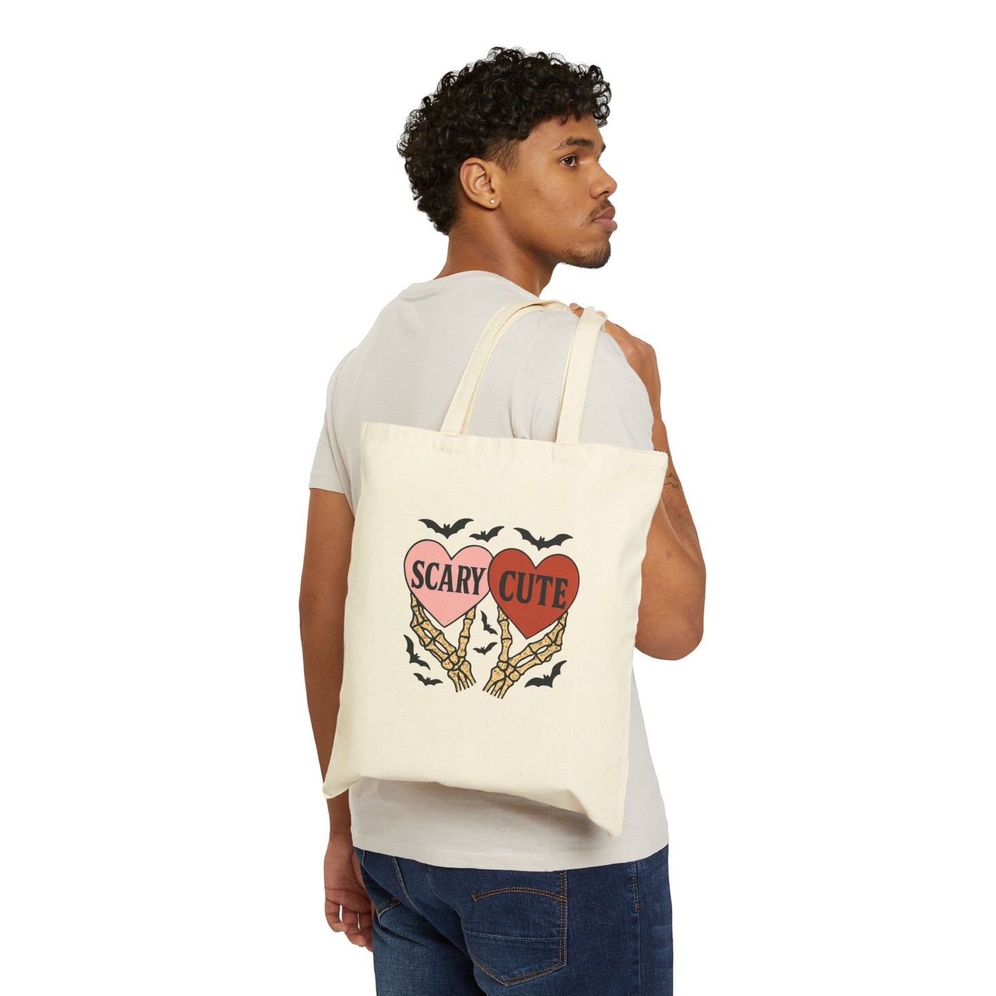 Scary Cute Tote Bag - Skeleton Hand Heart Graphic Black Cotton Bag