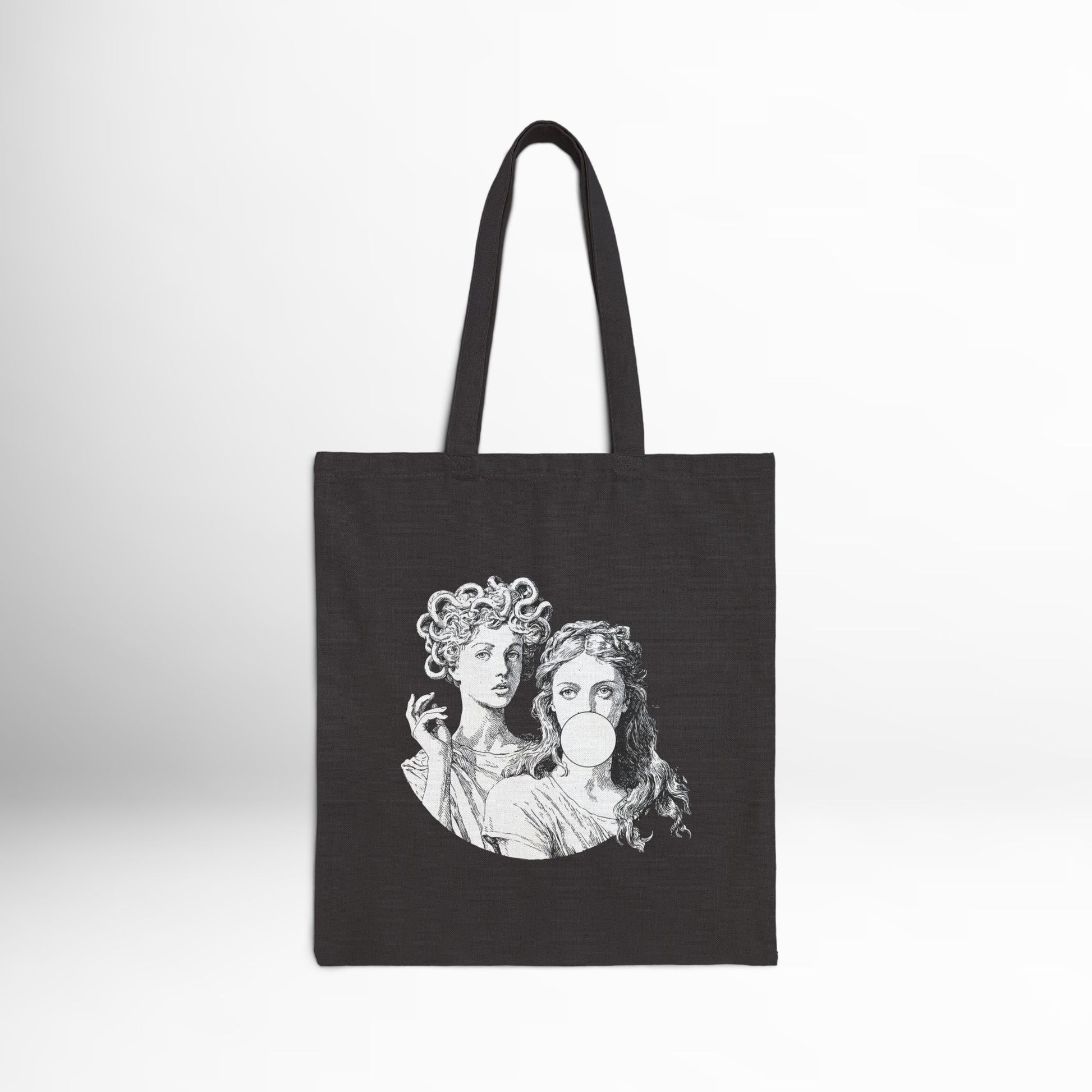 Black cotton tote bag with Medusa and Athena bubblegum design.