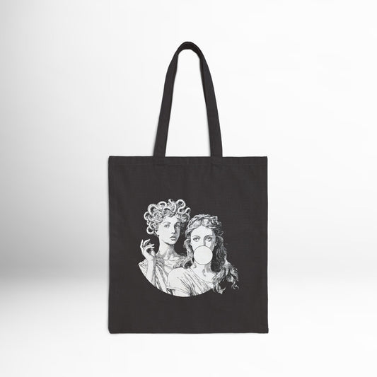 Black cotton tote bag with Medusa and Athena bubblegum design.
