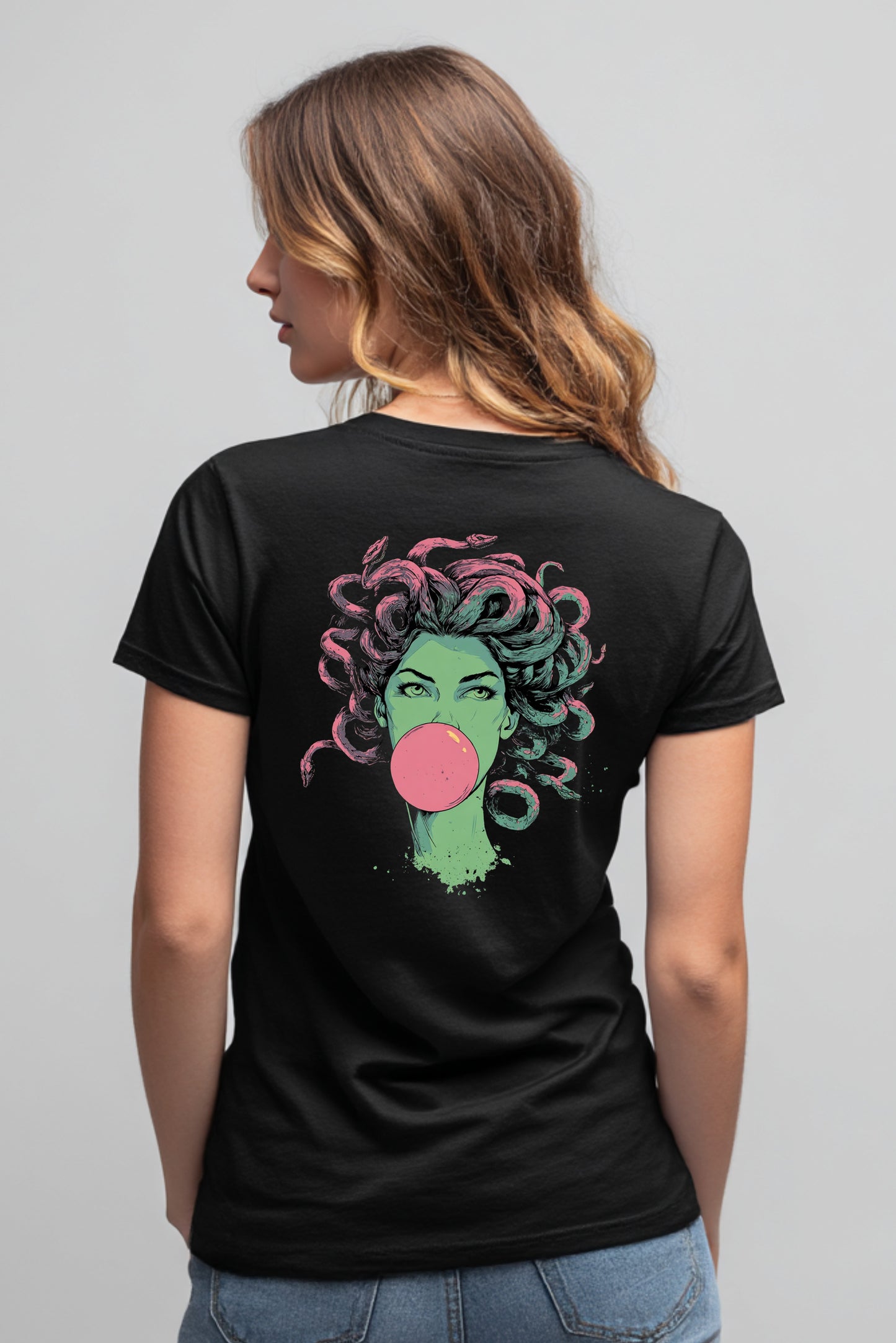 Black t-shirt with Medusa bubblegum design and back print.