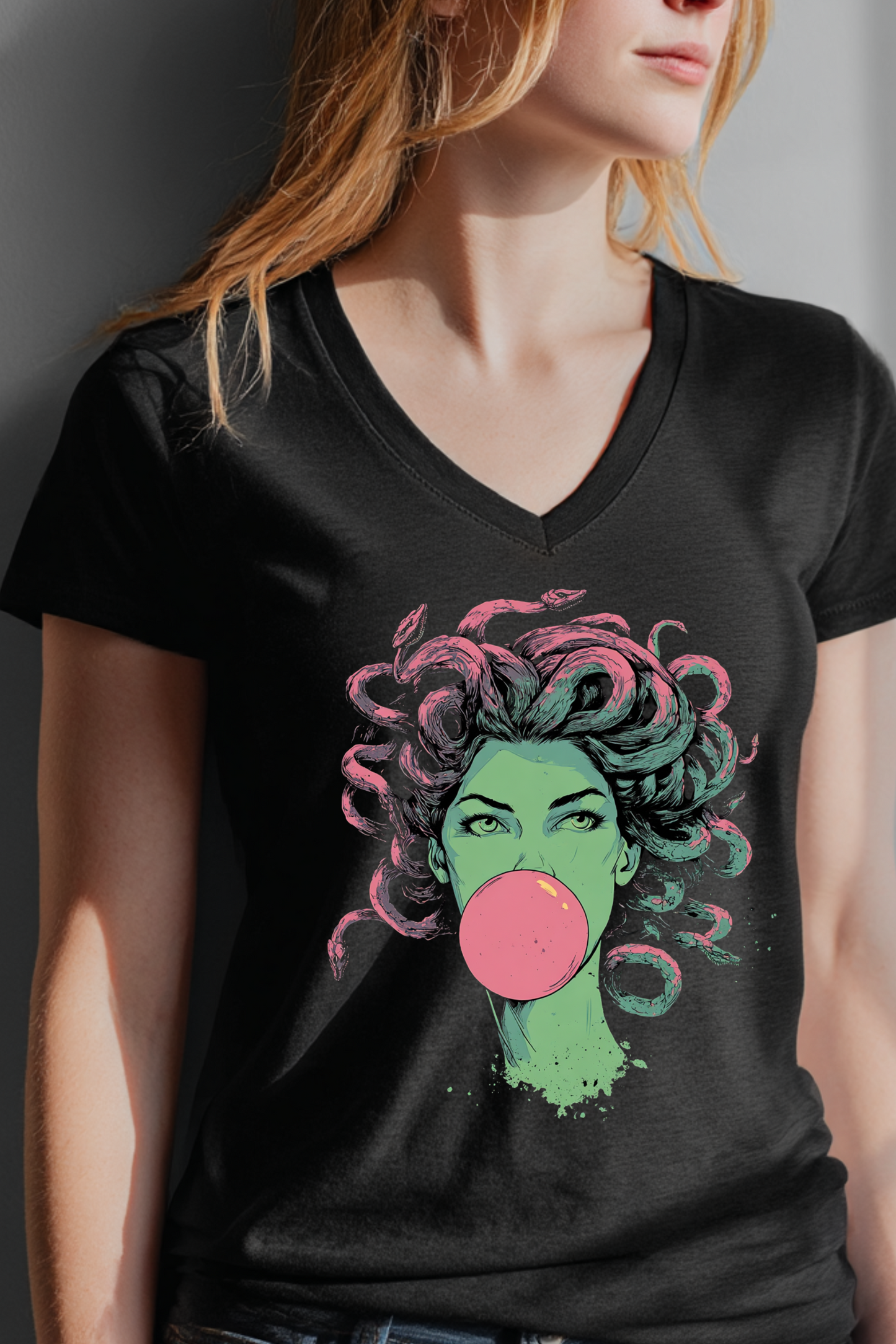 Black t-shirt with Medusa and Athena graphic design – Greek mythology unisex tee.