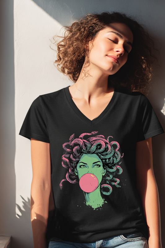 Medusa bubblegum graphic t-shirt with modern Greek mythology goddess design.