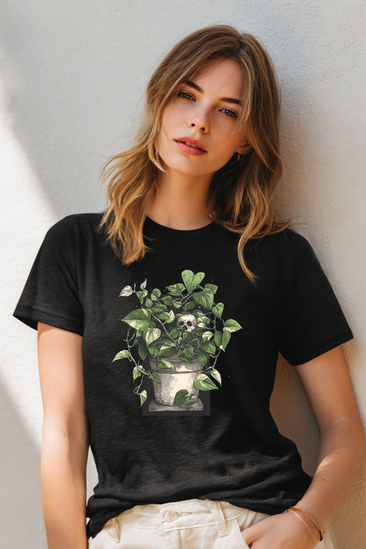 Black t-shirt with pothos plant botanical graphic design.