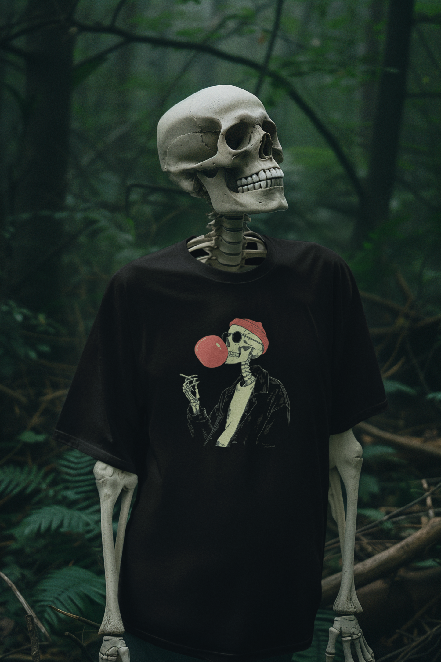 Skeleton wearing a black t-shirt with a graphic design in a forest setting