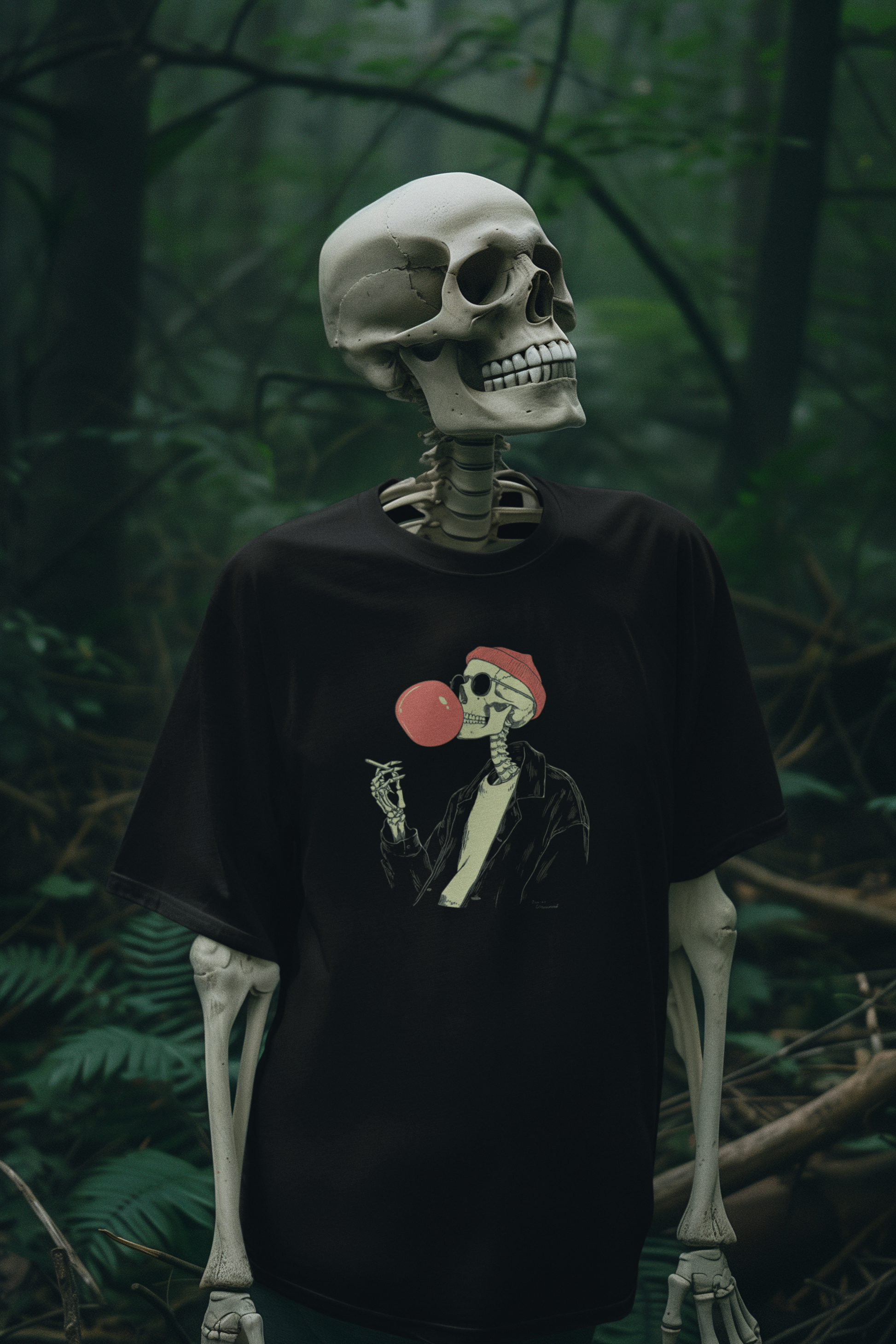 Skeleton wearing a black t-shirt with a graphic design in a forest setting