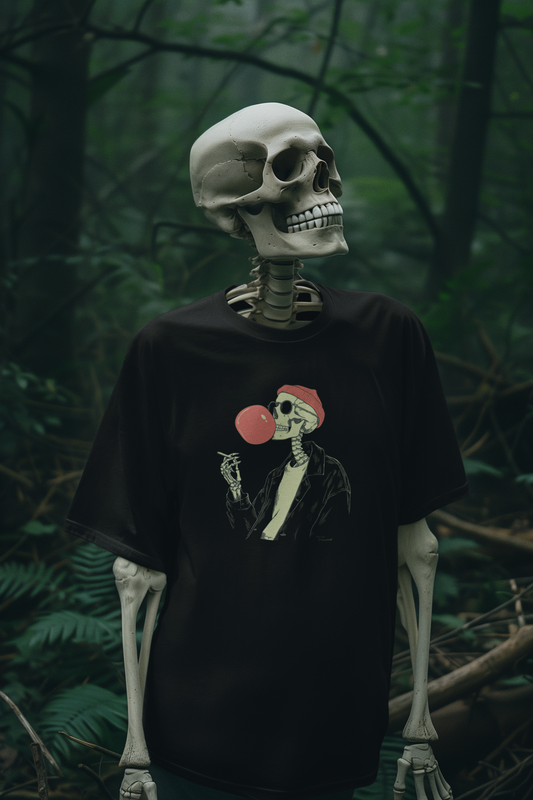 Skeleton wearing a black t-shirt with a graphic design in a forest setting